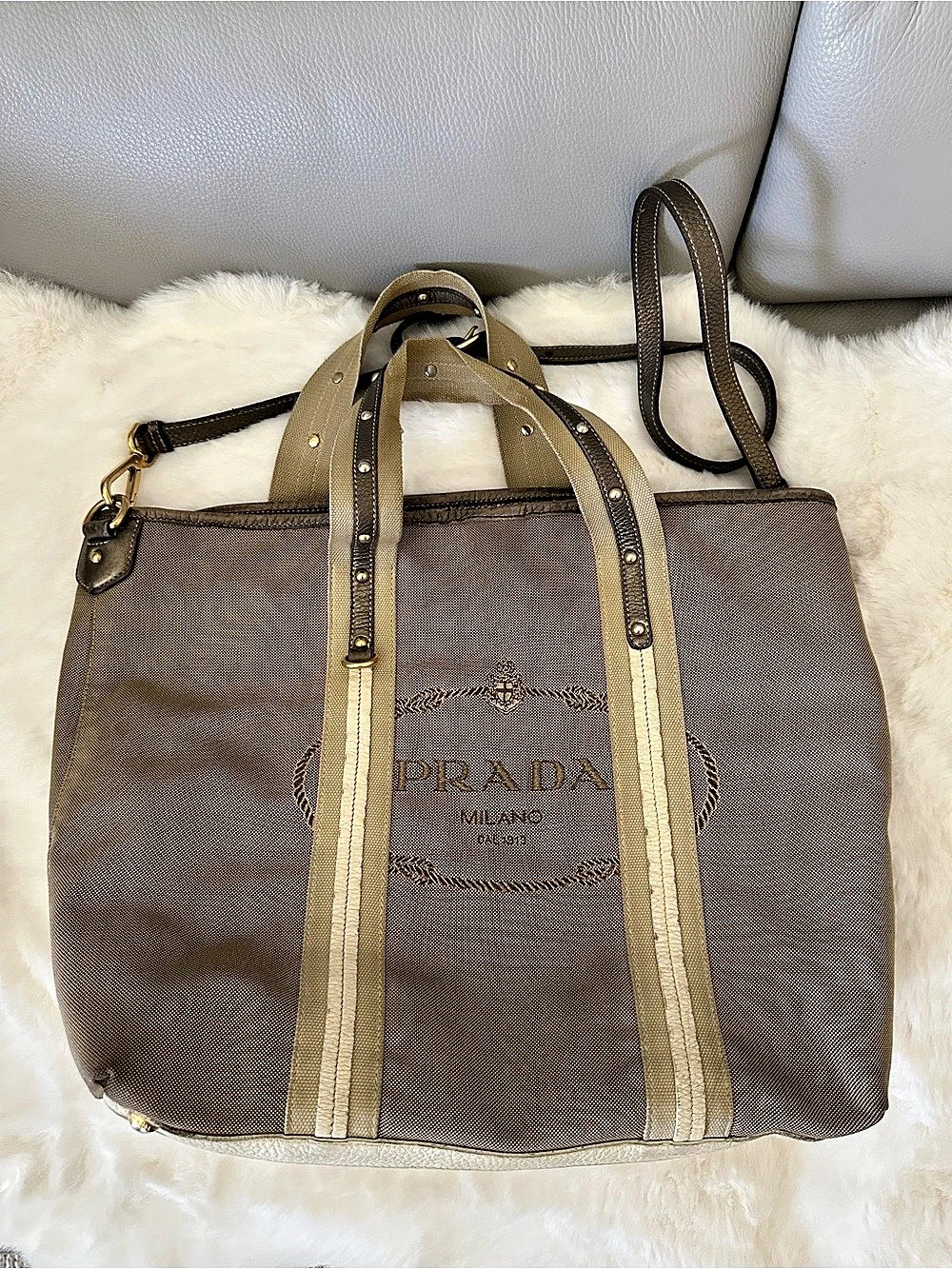 Prada Logo Jacquard Canvas & Leather Tote Bag Brown & Cream